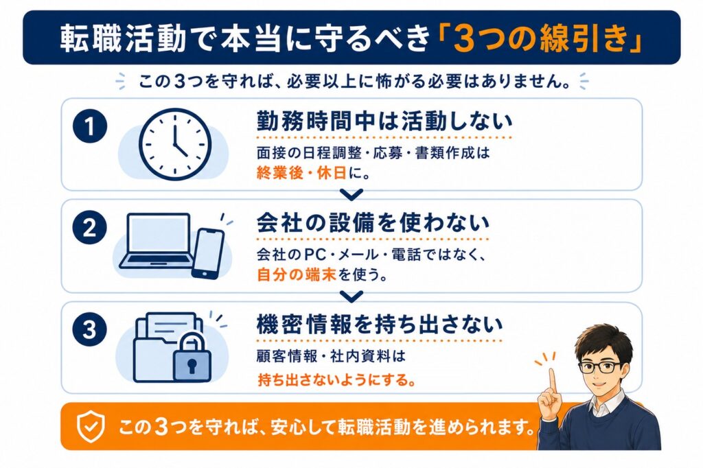 転職活動で本当に守るべき3つの線引き(勤務時間中は活動しない、会社の設備を使わない、機密情報を持ち出さない)