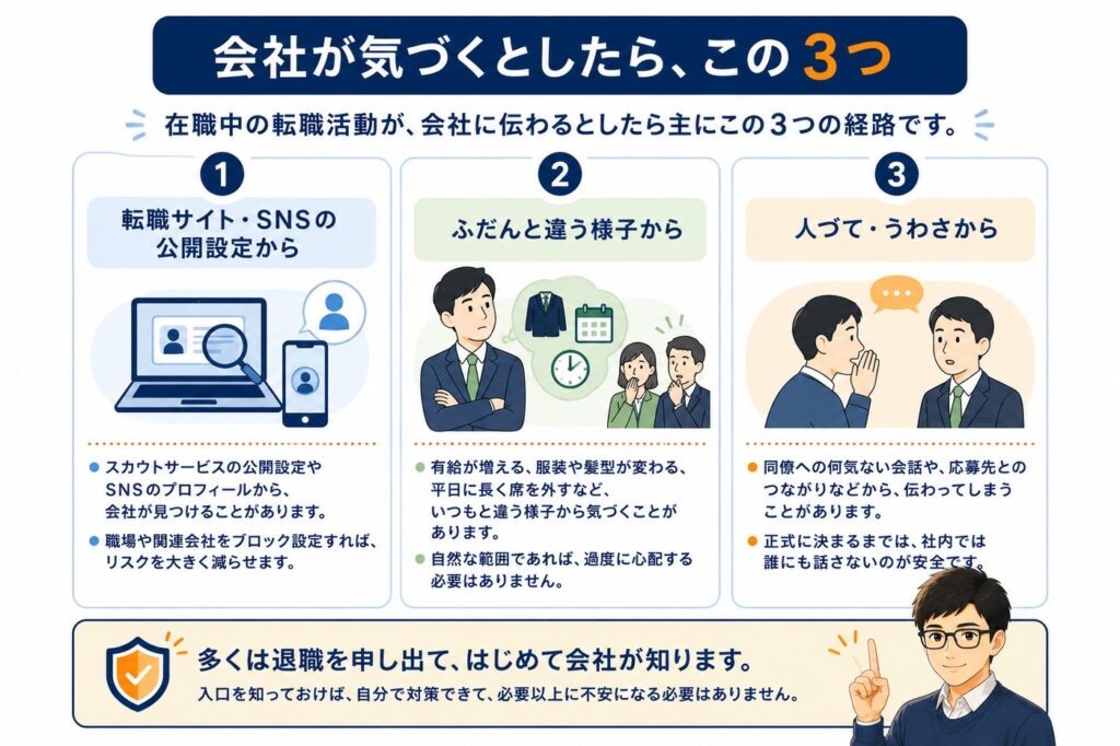 会社が在職中の転職活動に気づく3つの経路(転職サイト・SNSの公開設定、ふだんと違う様子、人づて・うわさ)
