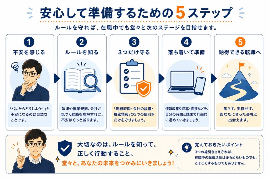 安心して準備するための5ステップ(不安を感じる→ルールを知る→3つだけ守る→落ち着いて準備→納得できる転職へ)