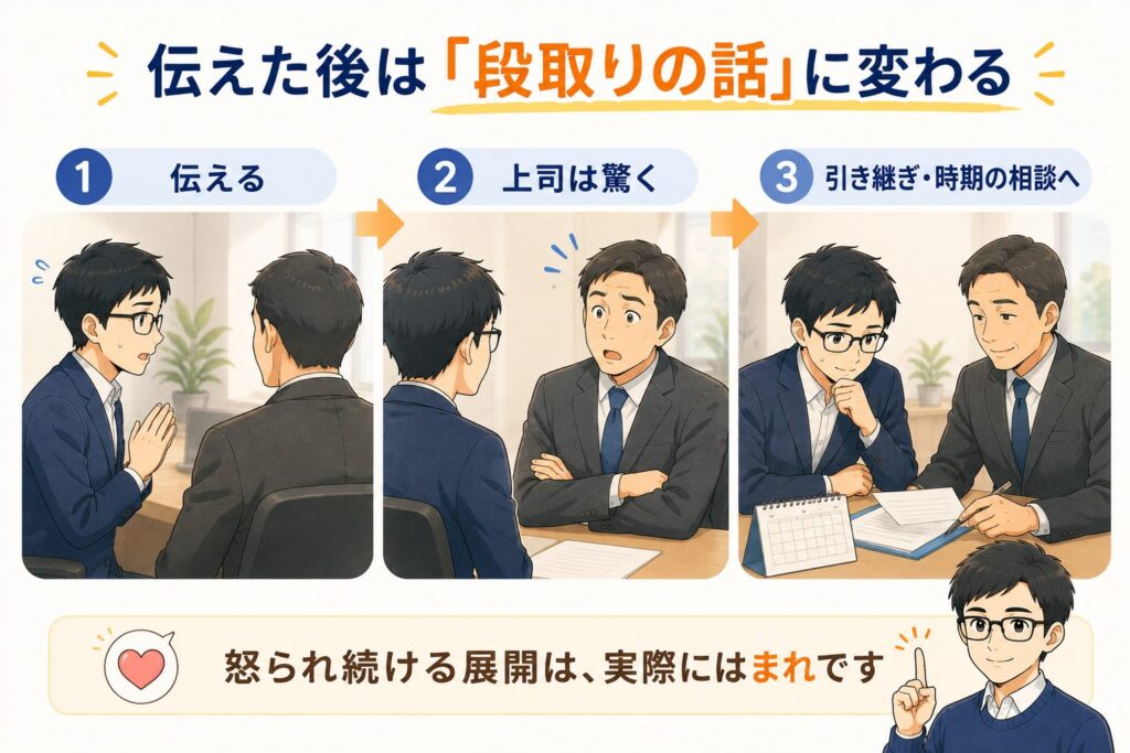 退職を伝えた後の実際の流れ（伝える、上司は驚く、引き継ぎと時期の相談へ切り替わる）