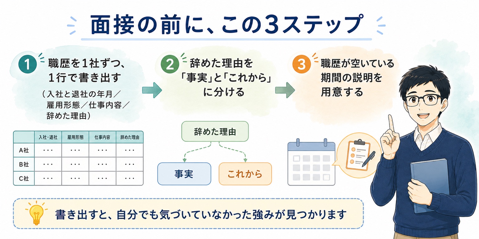 面接前の3ステップ。1、職歴を1社ずつ1行で書き出す。2、辞めた理由を事実とこれからに分ける。3、職歴が空いている期間の説明を用意する