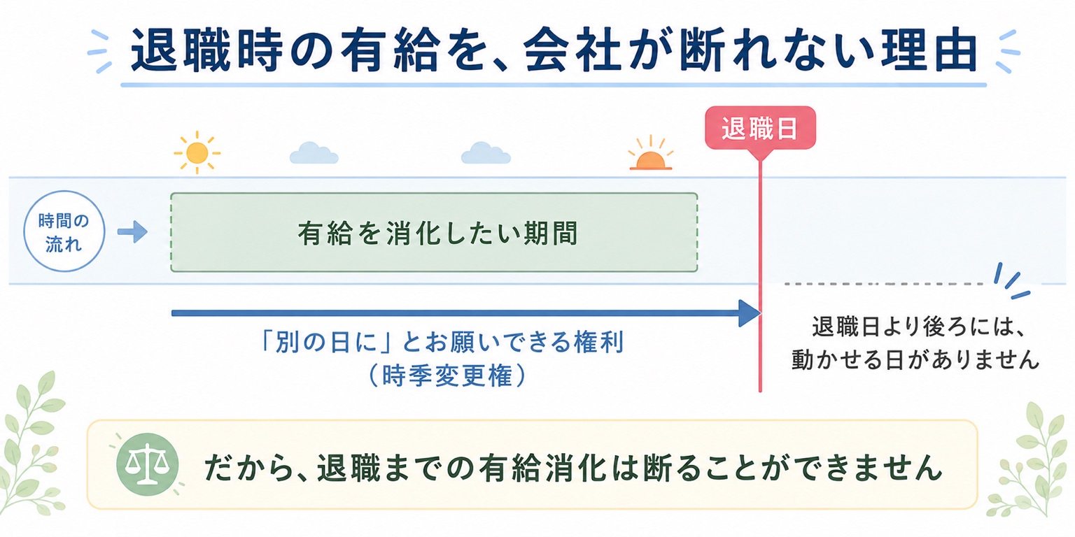 退職時の有給を会社が断れない理由。会社には別の日にとお願いできる権利（時季変更権）があるが、退職日より後ろには動かせる日がないため、退職までの有給消化は断ることができない