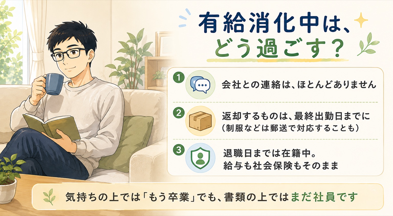 有給消化中の過ごし方。会社との連絡はほとんどない、返却するものは最終出勤日までに（制服などは郵送で対応することも）、退職日までは在籍中で給与も社会保険もそのまま